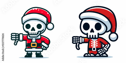 Skeleton wear Santa Claus costumes giving a thumbs down simple vector graphic depicting holiday disapproval