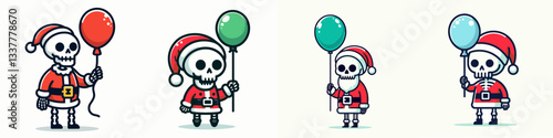 Skeleton wear Santa Claus costumes holding a balloon vector graphic simple minimalist doodle illustration for a festive holiday design