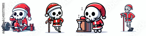 Skeleton wear Santa Claus costumes leaning on an object a minimalist vector graphic depicting a jolly skeletal holiday scene