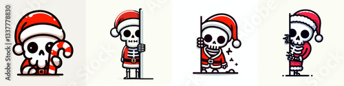 Skeleton wear Santa Claus costumes peeking from behind a minimalist vector drawing of a festive scene