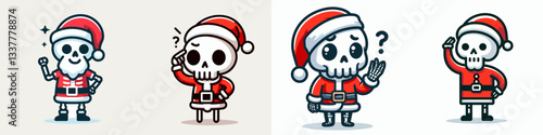Skeleton wear Santa Claus costumes raising one eyebrow a minimalist vector drawing depicts a festive skeletal surprise.