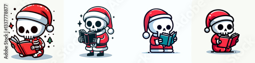 Skeleton wearing Santa Claus costumes reading a book a simple graphic drawing depicts a jolly skeletal figure enjoying a winter tale.