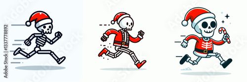 Skeleton wear Santa Claus costumes running; a minimalist vector graphic depicts their jolly, bone-rattling gait.