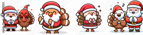 Turkey wear Santa Claus costumes clapping hands in a simple vector drawing celebrating winter festivities
