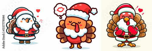 Wallpaper Mural Turkey wear Santa Claus costumes blowing a kiss vector graphic simple minimalist doodle festive holiday cheer Torontodigital.ca