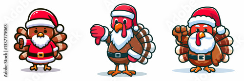 Turkey wear Santa Claus costumes giving a thumbs down simple vector graphic depicting holiday disapproval