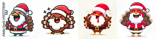 Turkey wear Santa Claus costumes laughing with mouth open a simple vector graphic depicting jolly festive birds