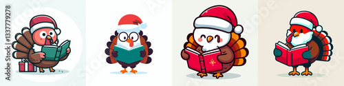 Turkey wear Santa Claus costumes reading a book vector graphic a jolly winter scene