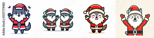 Wolf wear Santa Claus costumes hands raised in celebration a joyful winter vector graphic simple festive illustration