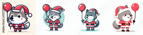 Wolf wearing Santa Claus costumes holding a balloon vector graphic simple design a festive winter scene