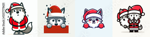Wolf wear Santa Claus costumes peeking from behind a minimalist doodle Christmas tree