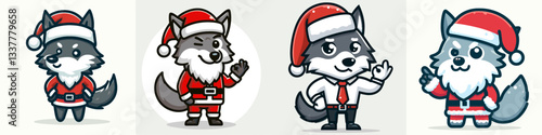 Wolf wear Santa Claus costumes raising one eyebrow a minimalist vector drawing of mischievous holiday canines