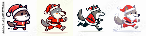 Wolf wearing Santa Claus costumes running quickly a minimalist vector graphic of a festive canine.