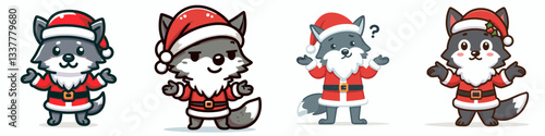 Wolf wear Santa Claus costumes shrugging a minimalist doodle depicts festive canine indifference.