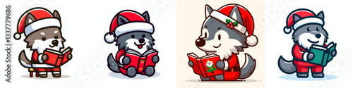 Wolf wearing Santa Claus costumes reading a book a simple minimalist doodle graphic