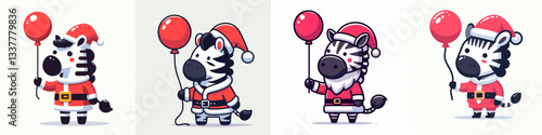 Zebra wear Santa Claus costumes holding a balloon vector graphic a festive minimalist doodle illustration