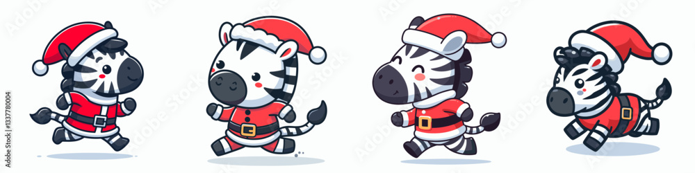 Zebra wear Santa Claus costumes running; a simple vector graphic depicts their festive dash. Zebra wear Santa Claus costumes running; a simple vector graphic depicts their festive dash.