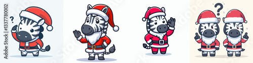 Zebra wear Santa Claus costumes raising one eyebrow a minimalist vector graphic depicting festive stripes and a mischievous glint