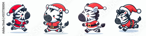 Zebra wear Santa Claus costumes running; a simple vector graphic depicts their festive dash.