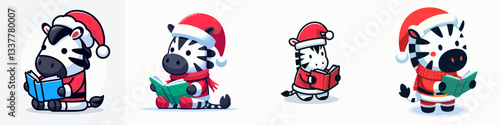 Zebra wear Santa Claus costumes reading a book a simple minimalist vector drawing of festive striped equines enjoying literature