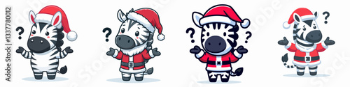 Zebra wear Santa Claus costumes shrugging a minimalist vector graphic of festive stripes and jolly indifference