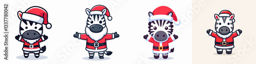 Zebra wear Santa Claus costumes standing with arms open a minimalist vector graphic depicting festive wildlife.