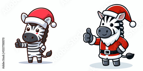 Zebra wear Santa Claus costumes thumbs up a simple vector graphic drawing of festive wildlife