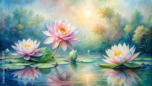 Panoramic Watercolor Lotus Blossoms: Serene Water Lilies on Tranquil Water