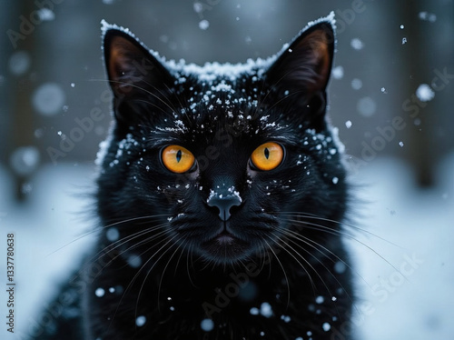 Create a side profile high definition portrait photo of a black cat with bright yellow eyes and snowflakes covering the cats body. The background is completely black, dotted with tiny white stars like