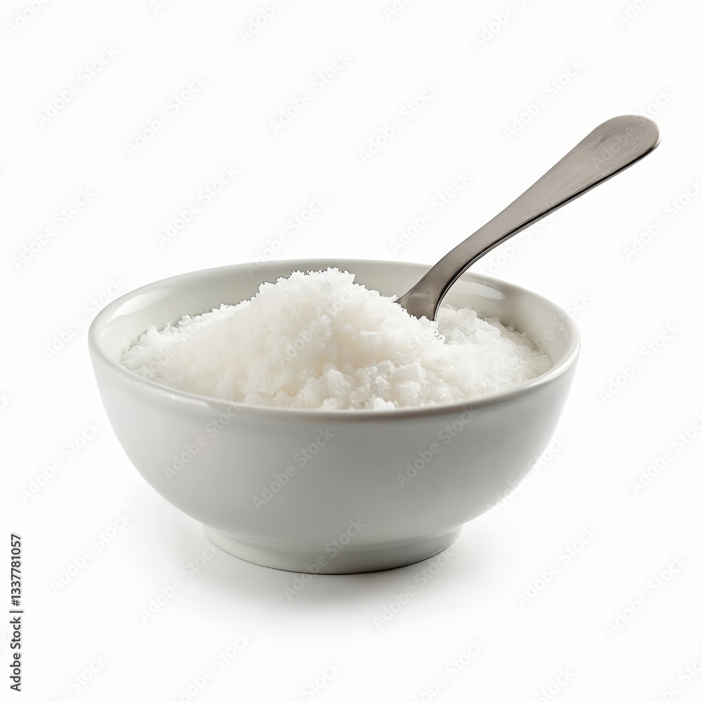 Bowl with white sugar, spoon isolated on white background. Granulated refined sugar close-up. Cooking ingredient. Sweetener texture. Unhealthy diet, excess calories intake, dental health risks. Bowl with white sugar, spoon isolated on white background. Granulated refined sugar close-up. Cooking ingredient. Sweetener texture. Unhealthy diet, excess calories intake, dental health risks.