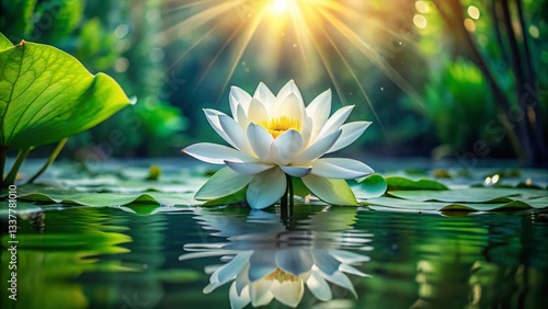Panoramic White Lotus Flower Bloom in Peaceful Pond - Serenity Nature Photography