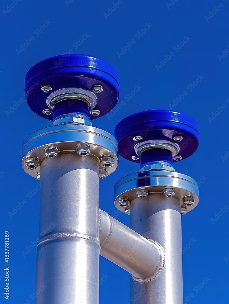 Close-up of industrial metal piping against a clear blue sky, showcasing engineering design. Close-up of industrial metal piping against a clear blue sky, showcasing engineering design.