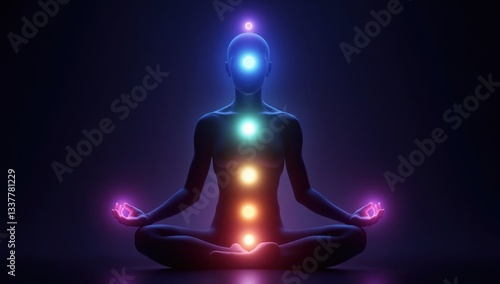 Meditative Figure in Lotus Position with Glowing Chakra Points
