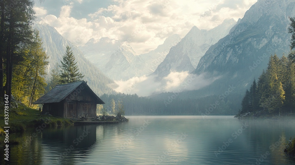 Fototapeta premium Tranquil Hintersee Lake Scene in Austria Surrounded by Mountains