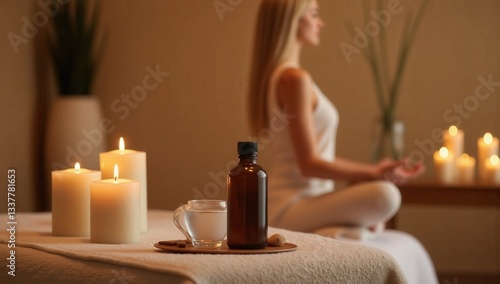 Serene Woman Meditating in Spa Room Surrounded by Candles and Oils