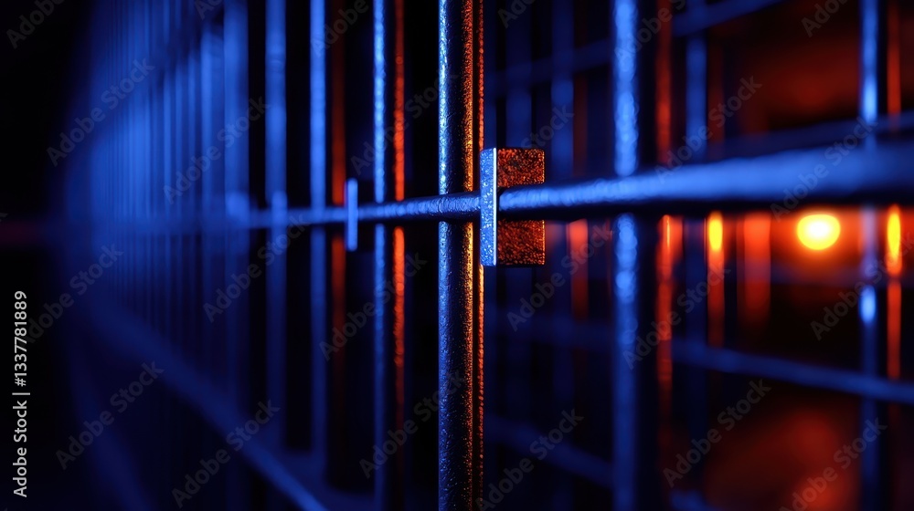 Close-up view of prison bars illuminated by blue and orange lighting in dark setting. Close-up view of prison bars illuminated by blue and orange lighting in dark setting.
