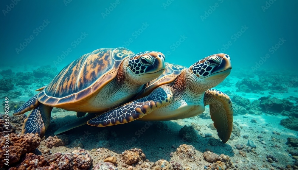 Obraz premium Oceanic Companionship Two Majestic Sea Turtles Gracefully Interacting on a Vibrant Coral Reef Floor