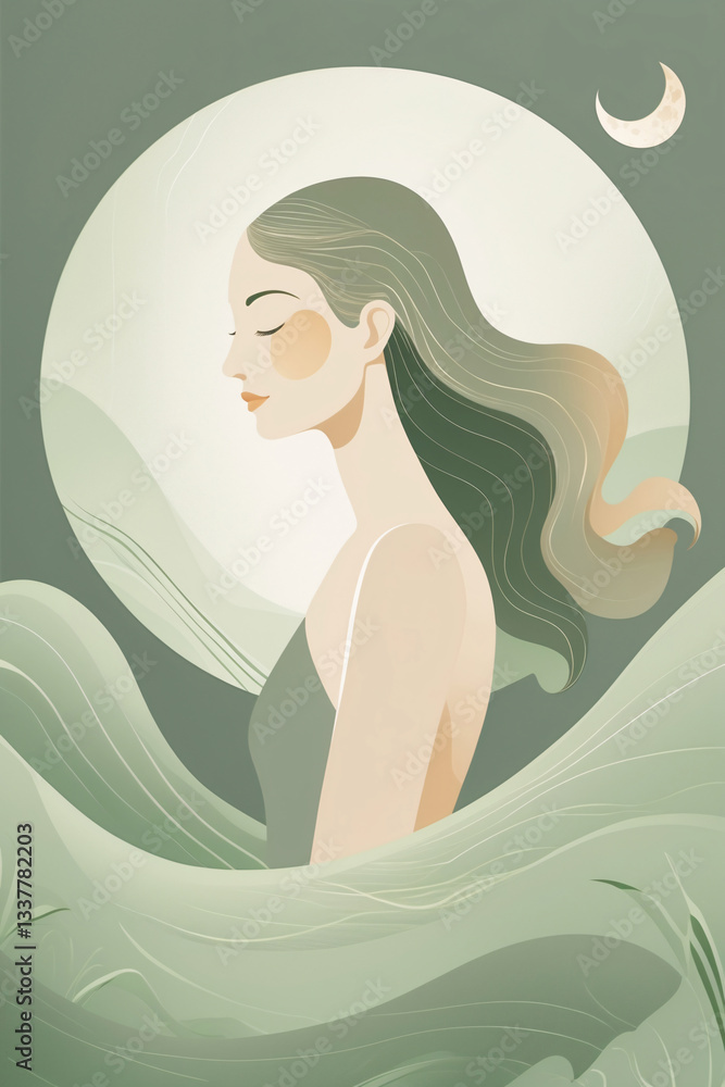Hand drawn abstract painting of a beautiful woman with moon and wave background in soft pastel green color serene art piece Abstract Woman Illustration Flat Design Hand drawn abstract painting of a beautiful woman with moon and wave background in soft pastel green color serene art piece Abstract Woman Illustration Flat Design