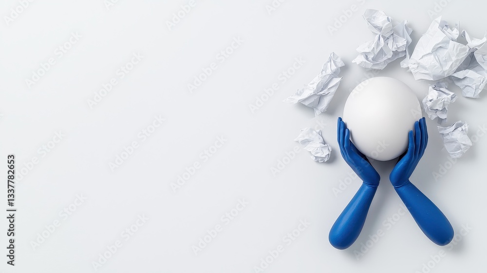 Fototapeta premium Creative concept of hands holding an egg with crumpled paper, symbolizing ideas.