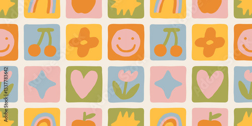 Fun colorful geometric shape seamless pattern. Abstract retro children style art background for kids, trendy design with geometry mosaic shapes. Simple childish patchwork wallpaper texture.