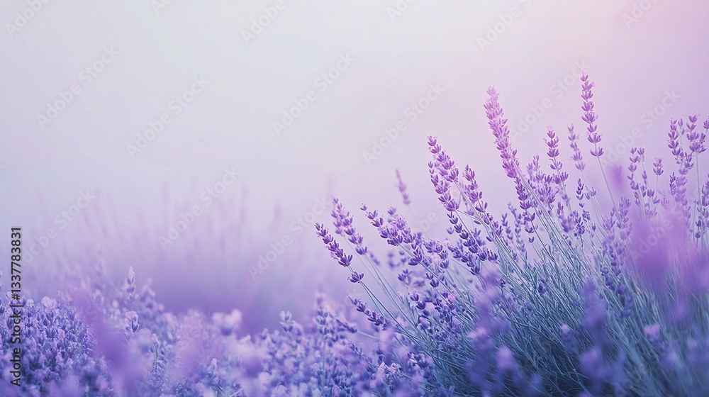 Fototapeta premium Serene Lavender Fields Wrapped in Early Morning Mist