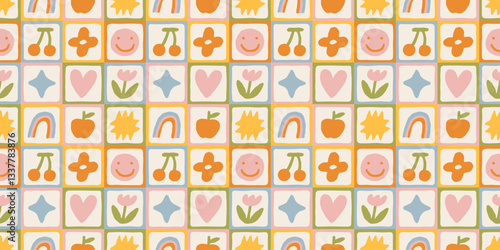 Fun colorful geometric shape seamless pattern. Abstract retro children style art background for kids, trendy design with geometry mosaic shapes. Simple childish patchwork wallpaper texture.