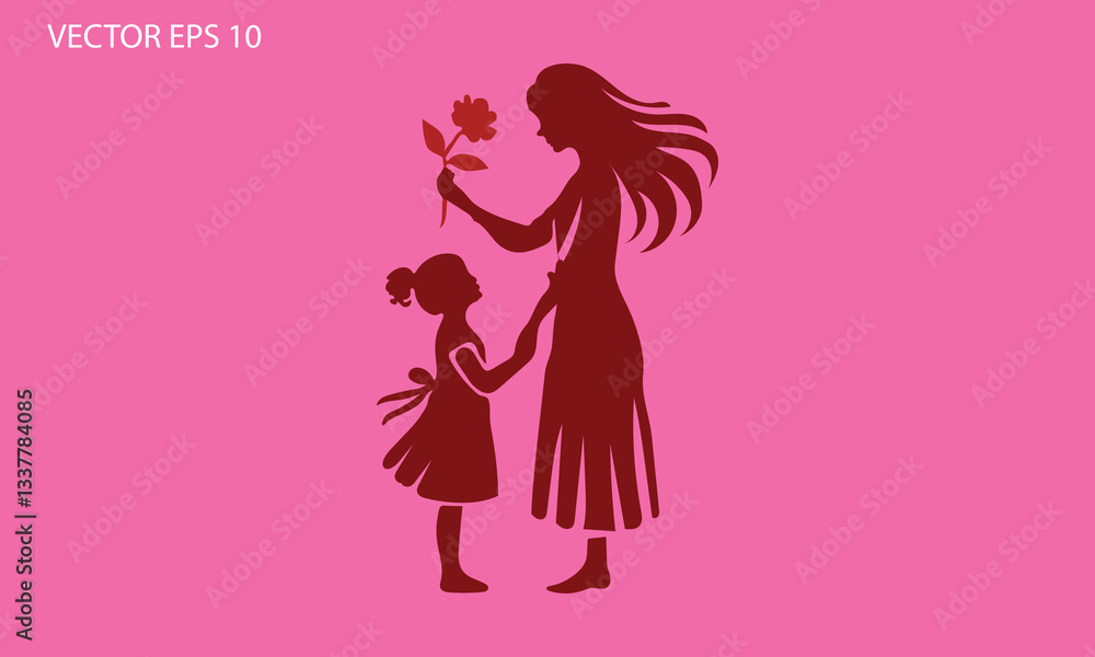 Loving Mother Giving Flower to Daughter Silhouette Loving Mother Giving Flower to Daughter Silhouette