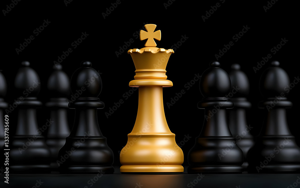 A striking image of a golden chess king surrounded by black pawns, symbolizing strategy and competition in the game of chess.