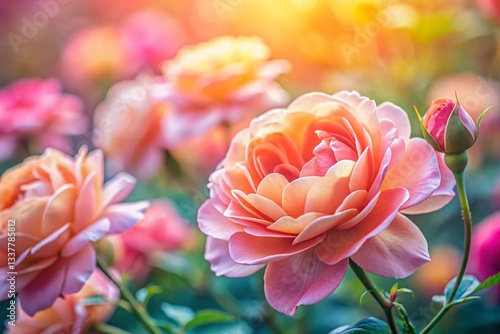 Pastel Rose Living Coral Pink Flowers Soft Focus Close Up  Beautiful Floral Background