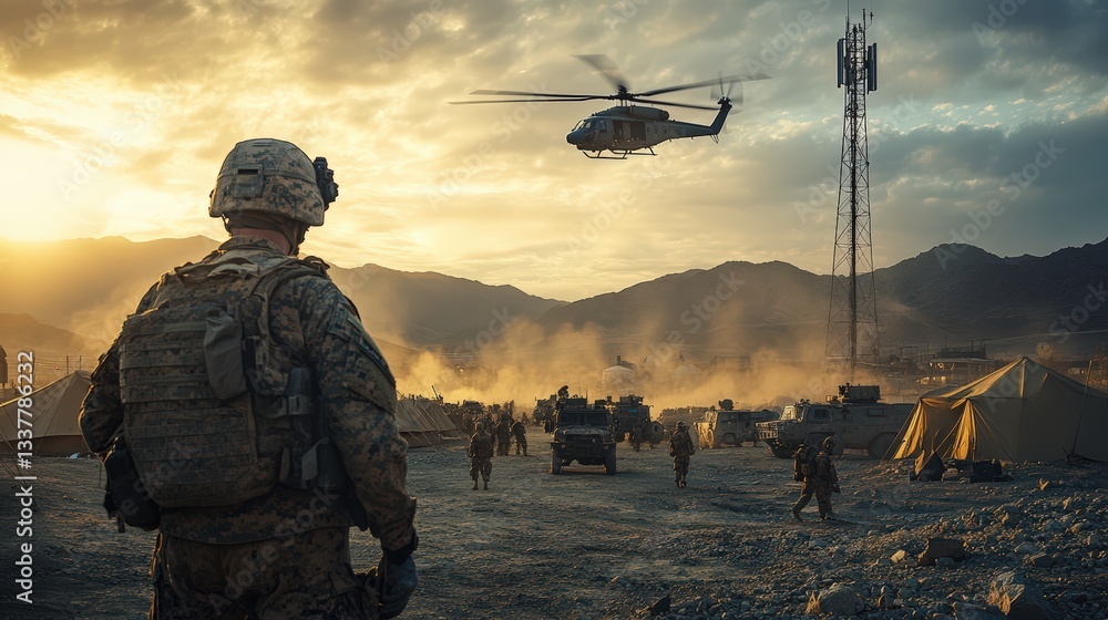 Soldiers navigate a military base as a helicopter flies above during a tense operation Soldiers navigate a military base as a helicopter flies above during a tense operation