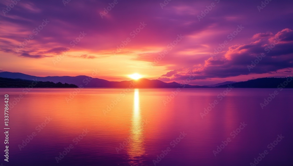 Vibrant sunset over tranquil lake. Majestic clouds paint the sky in hues of purple and orange, reflecting on the still water.  Mountains form a soft silhouette in the distance