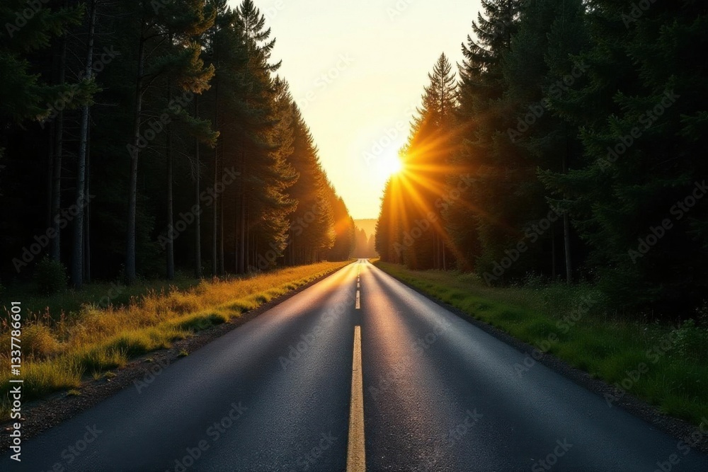 Obraz premium Asphalt road stretching towards a radiant sunset, lined with tall evergreen trees casting long shadows, symbolizes a journey into the unknown