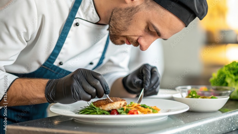 A chef meticulously plating a gourmet dish, showcasing culinary skills with fresh ingredients and attention to detail. A chef meticulously plating a gourmet dish, showcasing culinary skills with fresh ingredients and attention to detail.