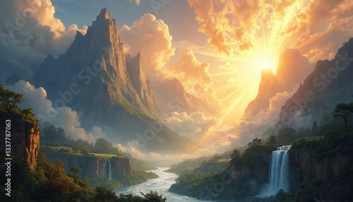Majestic mountain valley at sunrise with waterfall. Divine light beams over scenic landscape. Fantasy woodland nature scenery background for religion, spirituality, travel concepts.